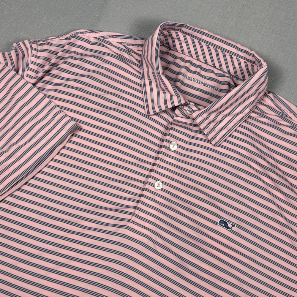 Vineyard Vines Mens Pink Navy Striped Performance Golf Polo Shirt Size L